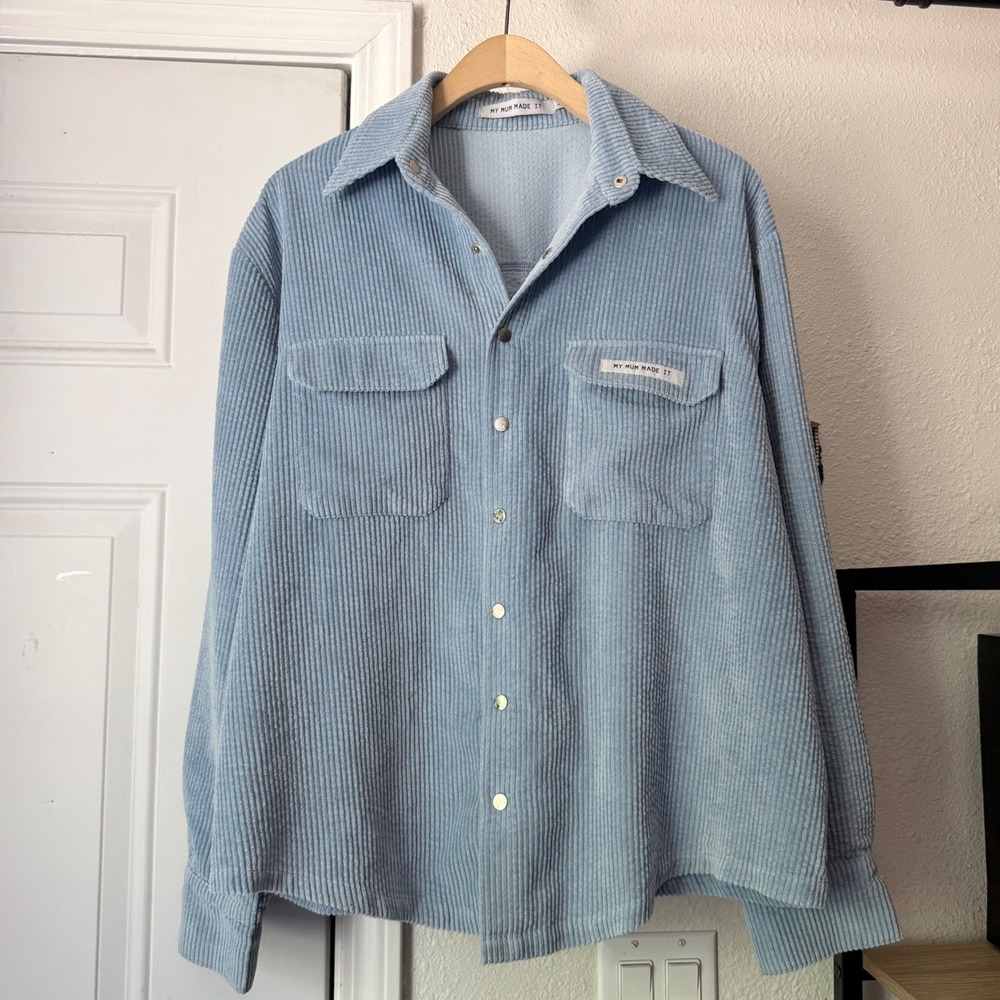 MY MUM MADE IT dusty blue corduroy snap button up oversized shirt jacket shacket